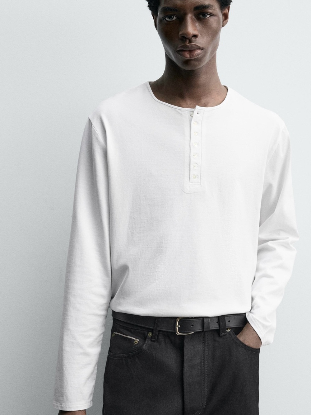 Zara Origins White Long-Sleeve silk/cotton top with button down.